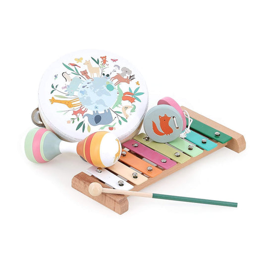 Vilac Sarah Betz Animals of the World Wooden Music Set with tambourine, xylophone, maraca and castanet in soft pastel colours for children.