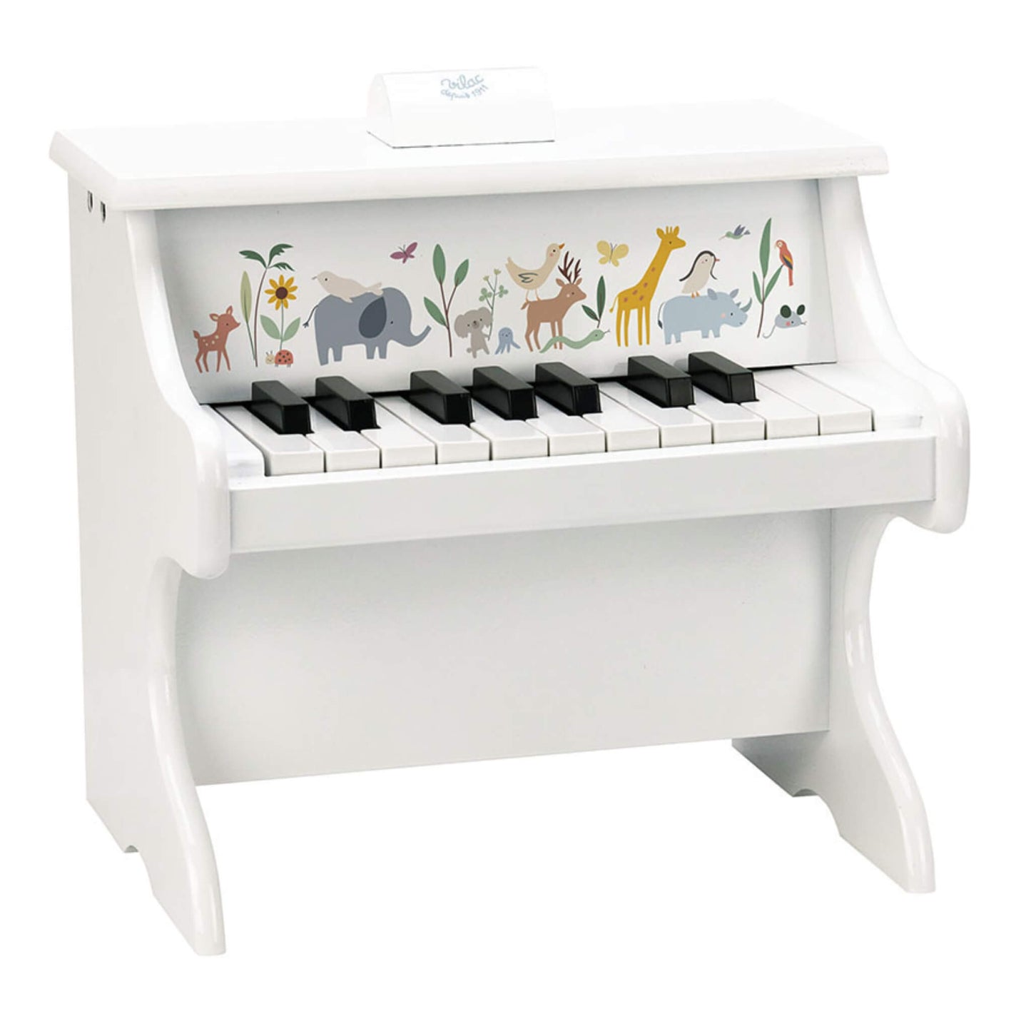 Vilac Sarah Betz Animals of the World wooden piano with black and white keys and illustrated elephant, giraffe, deer and rhino design on a white background.