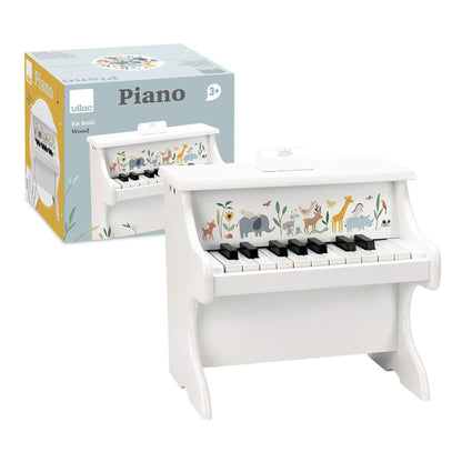 White wooden toy piano with pastel animal illustrations shown beside matching Vilac retail packaging.