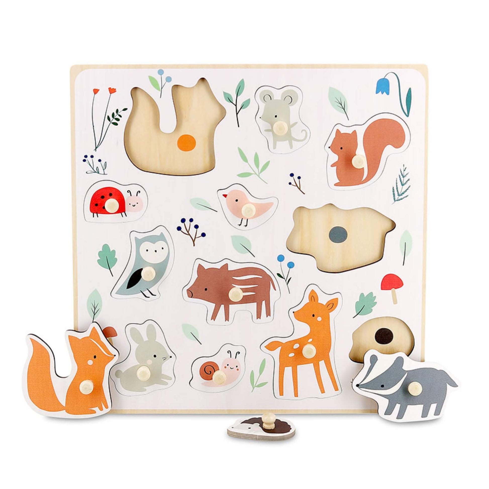 Vilac Sarah Betz Forest Animals Wooden Peg Puzzle, a first puzzle with 12 easy-grip pieces shaped as woodland animals like fox, deer, owl and hedgehog