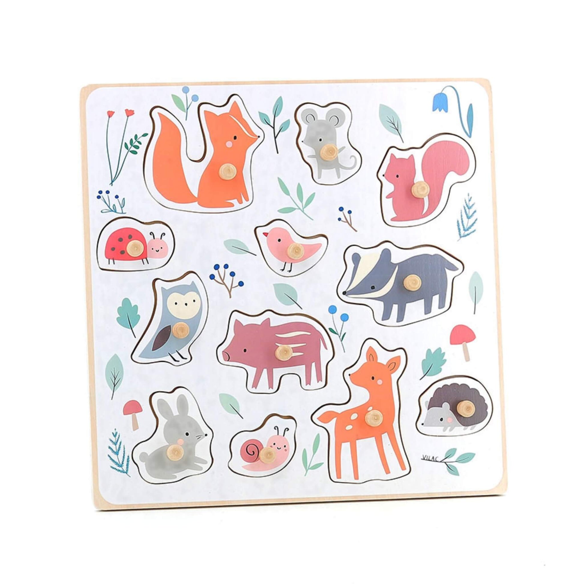 Wooden animal peg puzzle for toddlers showing fox, squirrel, deer, owl and hedgehog pieces fitted into the board.