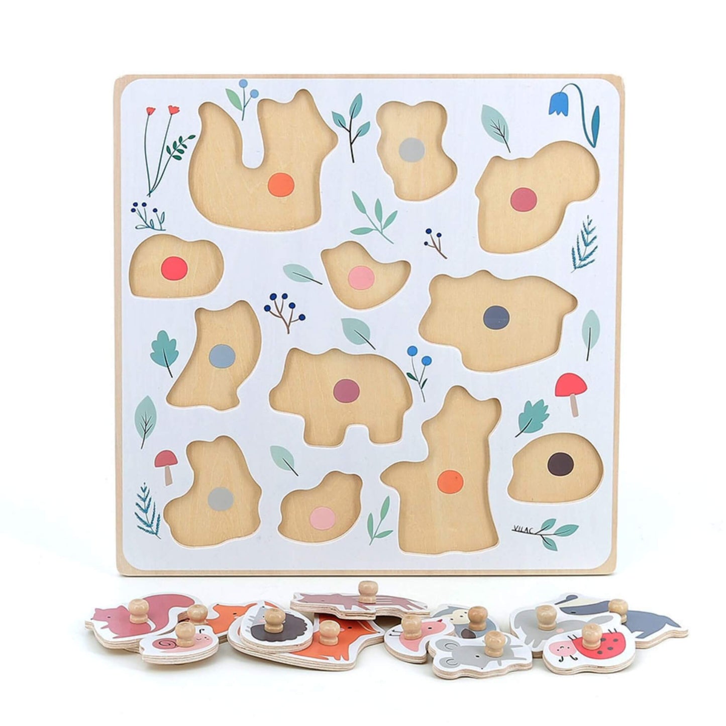 Back view of wooden peg puzzle board with animal-shaped cut-outs and colour guides.