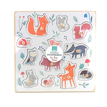 Wooden toddler puzzle, in packaging, with animal illustrations, labelled as peg puzzle with forest theme