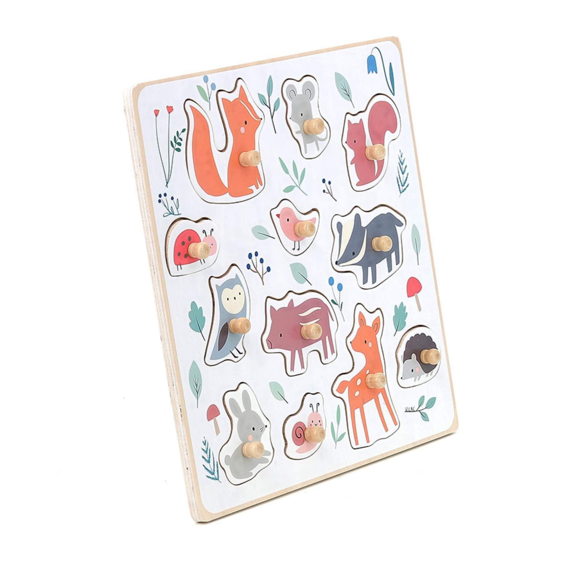 Angled view of a wooden animal puzzle board with knob pieces, designed for little hands to grasp and match.