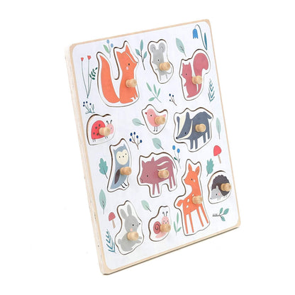 Angled view of a wooden animal puzzle board with knob pieces, designed for little hands to grasp and match.