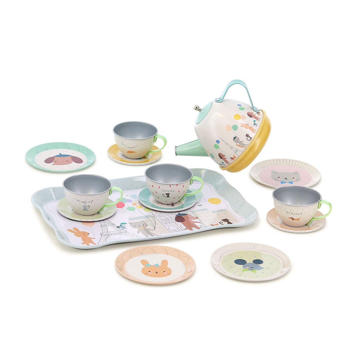 Vilac Sarah Betz Paris Musical Tin Tea Set with teapot, cups, saucers and serving tray illustrated with pastel Paris scenes and animals.
