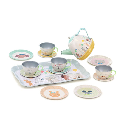 Vilac Sarah Betz Paris Musical Tin Tea Set with teapot, cups, saucers and serving tray illustrated with pastel Paris scenes and animals.
