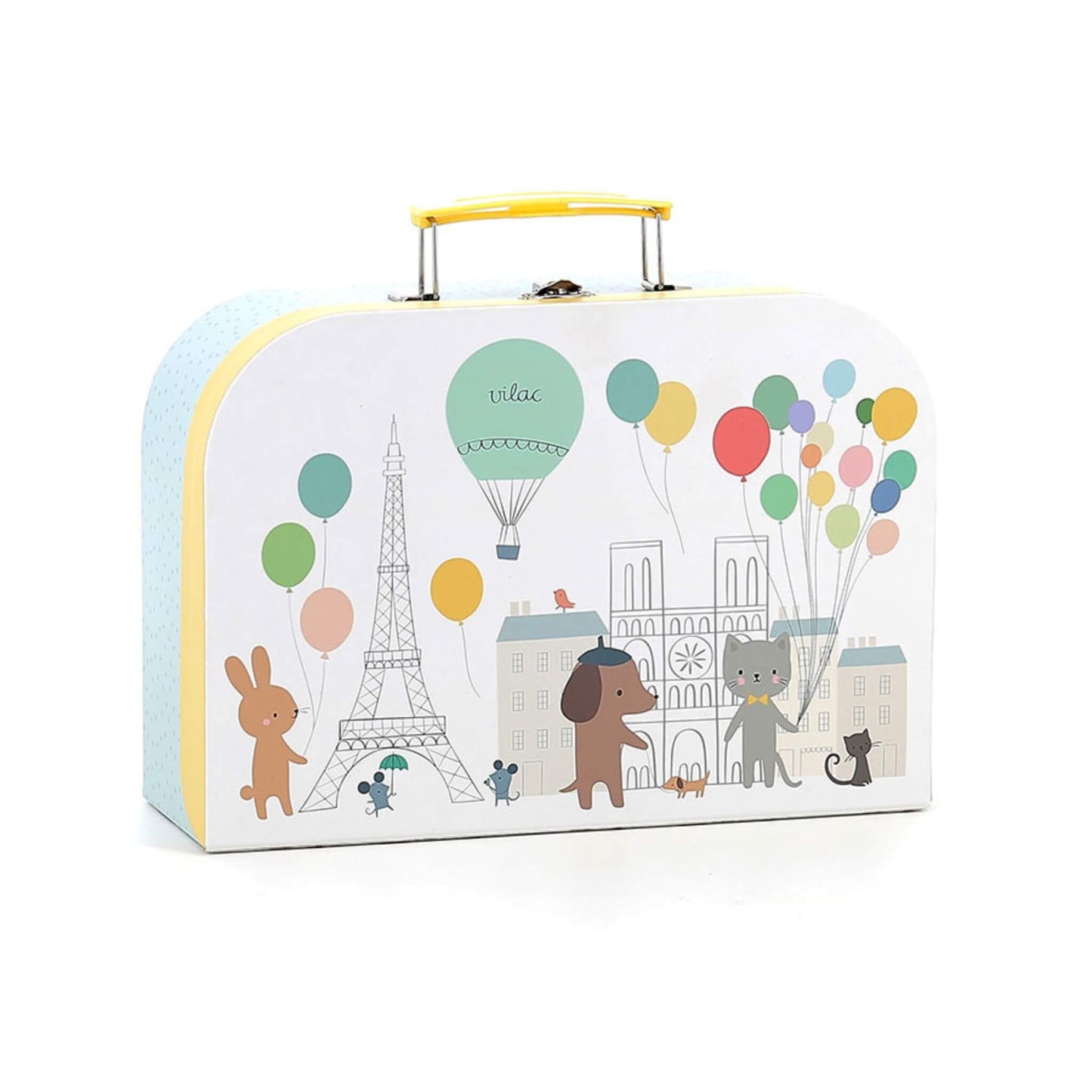 Vilac Paris-themed toy tea set suitcase with balloon, Eiffel Tower and animal illustrations on the front.