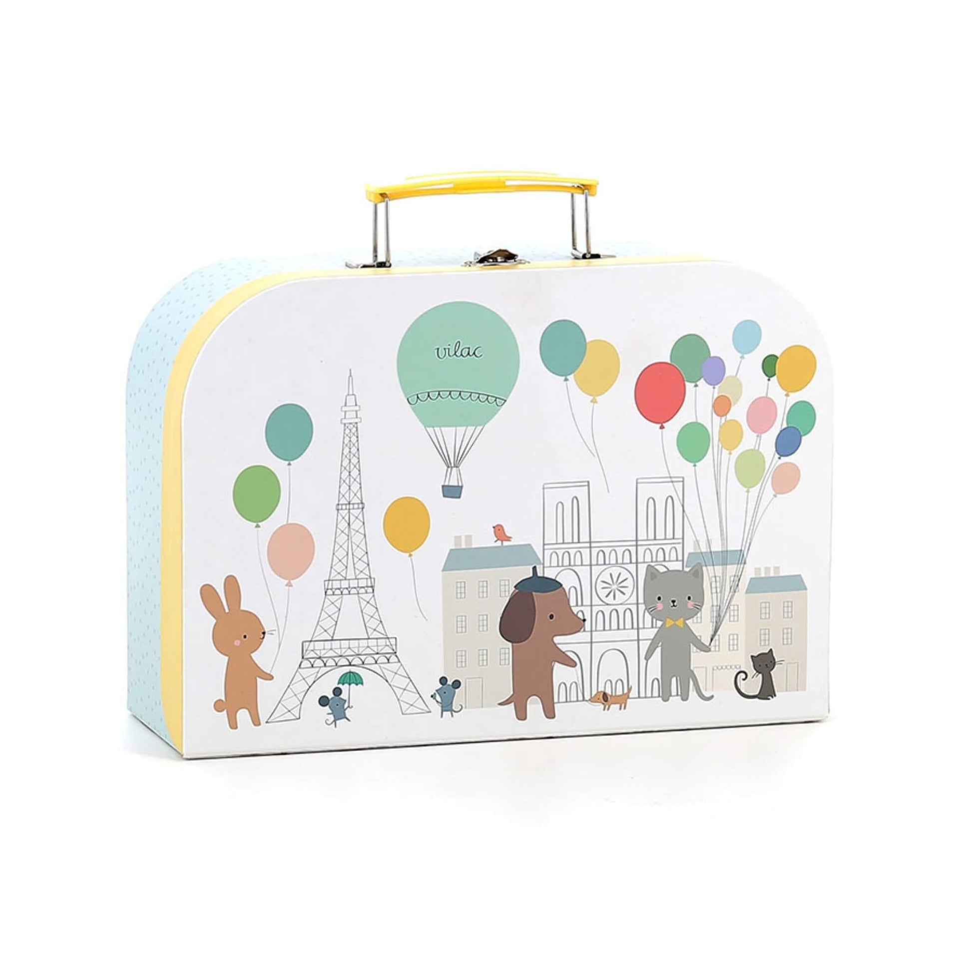 Vilac Paris-themed toy tea set suitcase with balloon, Eiffel Tower and animal illustrations on the front.