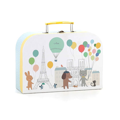 Vilac Paris-themed toy tea set suitcase with balloon, Eiffel Tower and animal illustrations on the front.