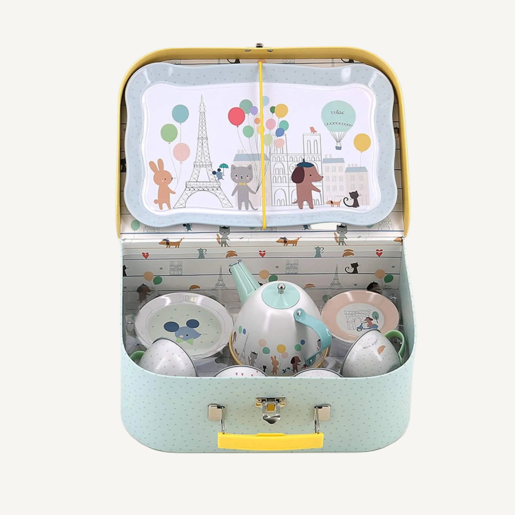 Paris-themed toy tea set packed inside a pastel carry case with illustrated tray and metal tea accessories.