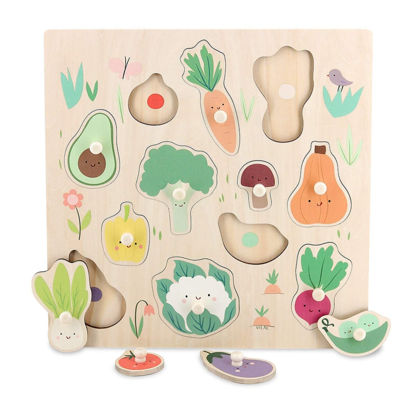 Vilac Sarah Betz Wooden Vegetables Peg Puzzle with 12 easy-grip pieces shaped as colourful vegetables like carrot, avocado, broccoli and cauliflower
