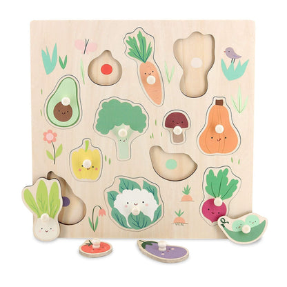 Vilac Sarah Betz Wooden Vegetables Peg Puzzle with 12 easy-grip pieces shaped as colourful vegetables like carrot, avocado, broccoli and cauliflower