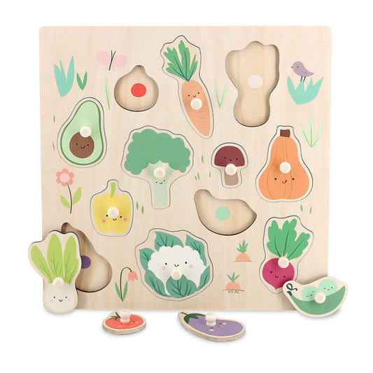 Vilac Sarah Betz Wooden Vegetables Peg Puzzle with 12 easy-grip pieces shaped as colourful vegetables like carrot, avocado, broccoli and cauliflower