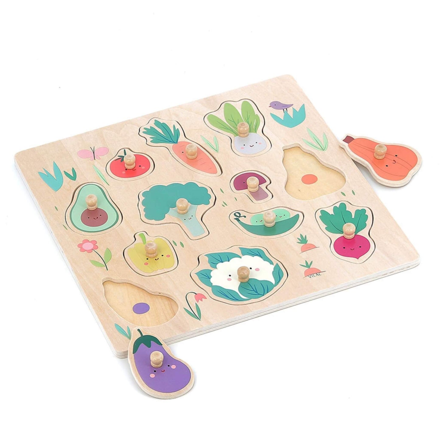 Vegetable peg puzzle with some wooden pieces removed, revealing cut-out shapes for matching play.