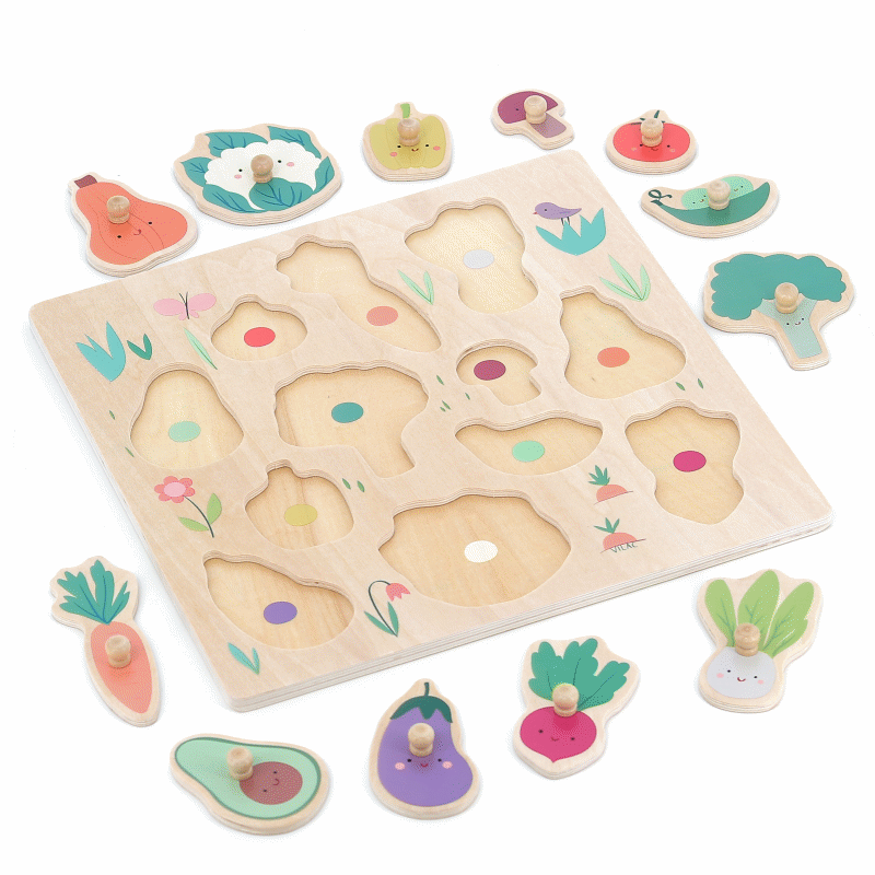 Animated gif of a wooden peg puzzle for toddlers, showing how the vegetable shaped pieces slot into their matching shapes.