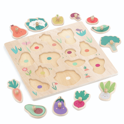 Animated gif of a wooden peg puzzle for toddlers, showing how the vegetable shaped pieces slot into their matching shapes.
