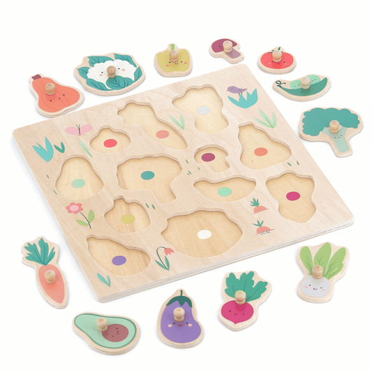 Animated gif of a wooden peg puzzle for toddlers, showing how the vegetable shaped pieces slot into their matching shapes.