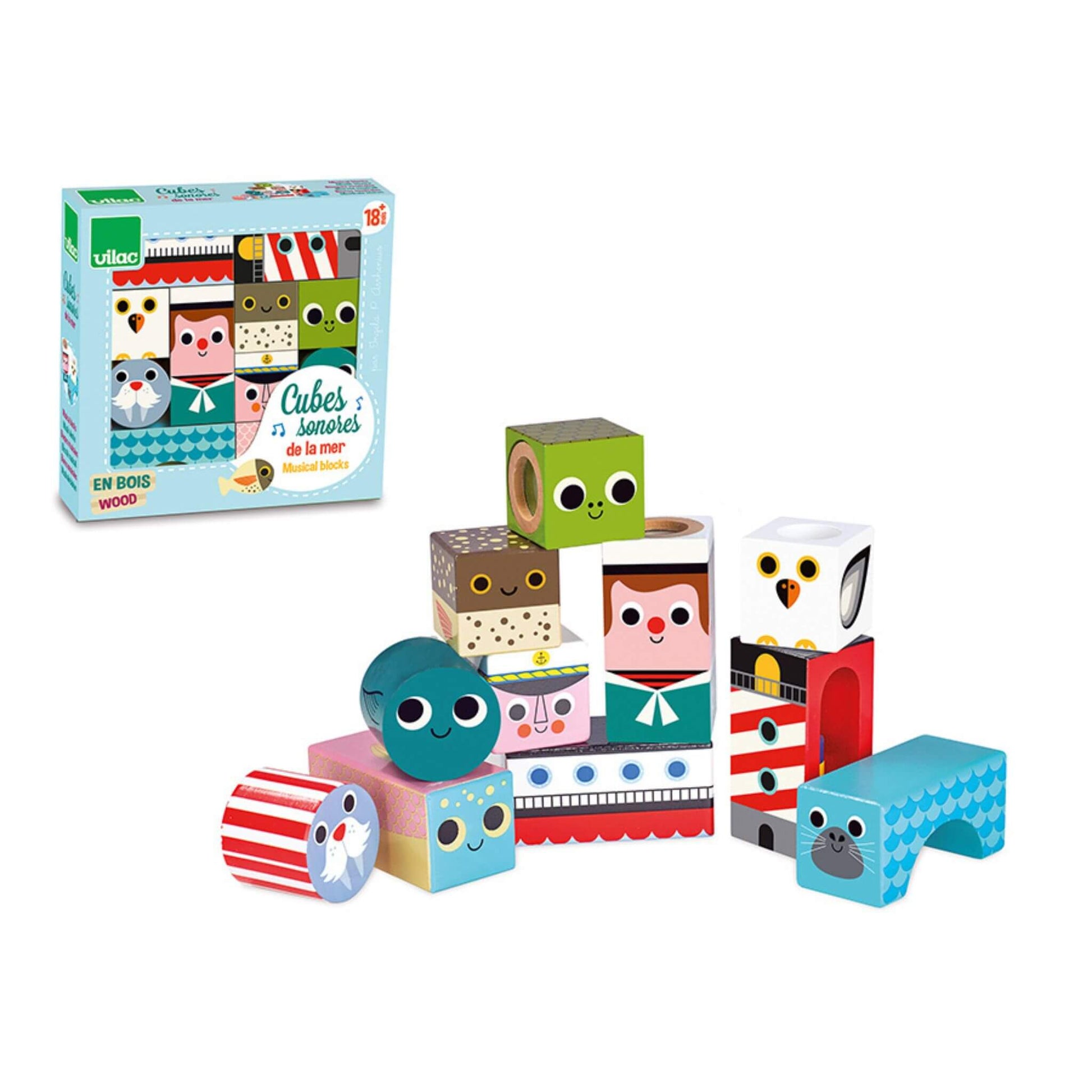 A playful set of wooden Musical Blocks, featuring charming nautical designs like a sailor, seal, lighthouse, and ocean creatures.