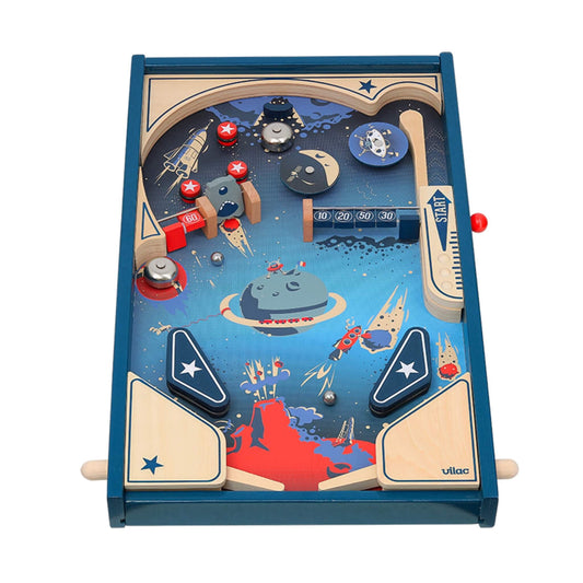 Vilac Space Wooden Pinball Game with retro space theme, featuring flippers, bumpers and metal balls for classic arcade-style play at home.