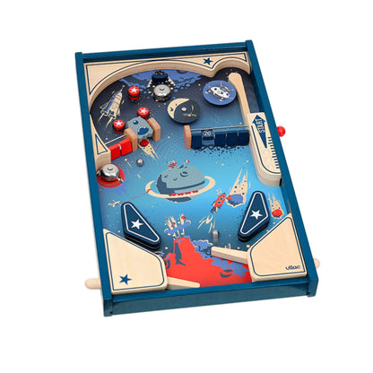 Wooden space-themed pinball game angled to show flippers, bumpers, targets and launcher on the playfield.