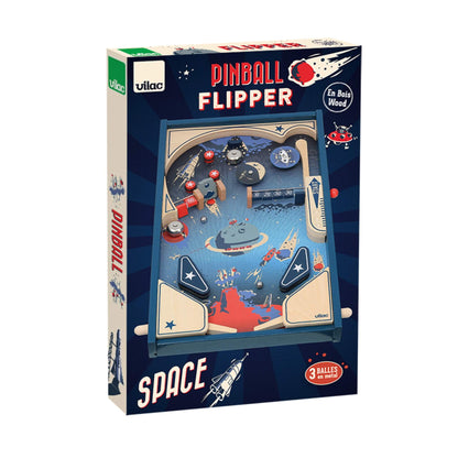 Product packaging for wooden pinball game labelled 'Pinball Flipper Space' with illustration of the playfield.