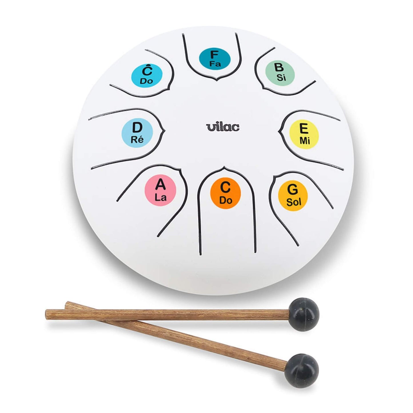 Vilac Tongue Drum with mallets, a colourful steel drum designed for children’s music play and early learning.