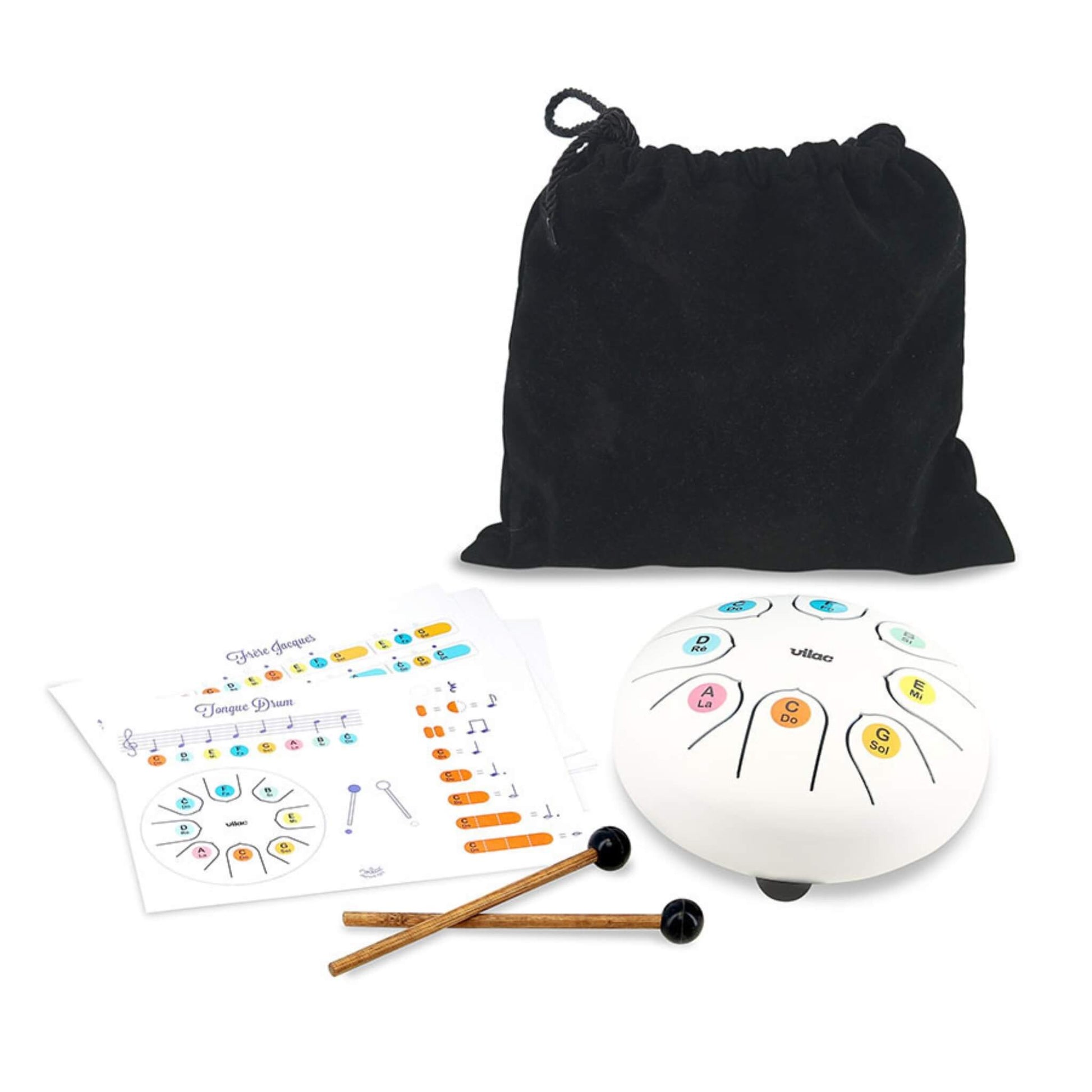 Tongue drum set with sheet music, wooden mallets, and a soft black storage bag.
