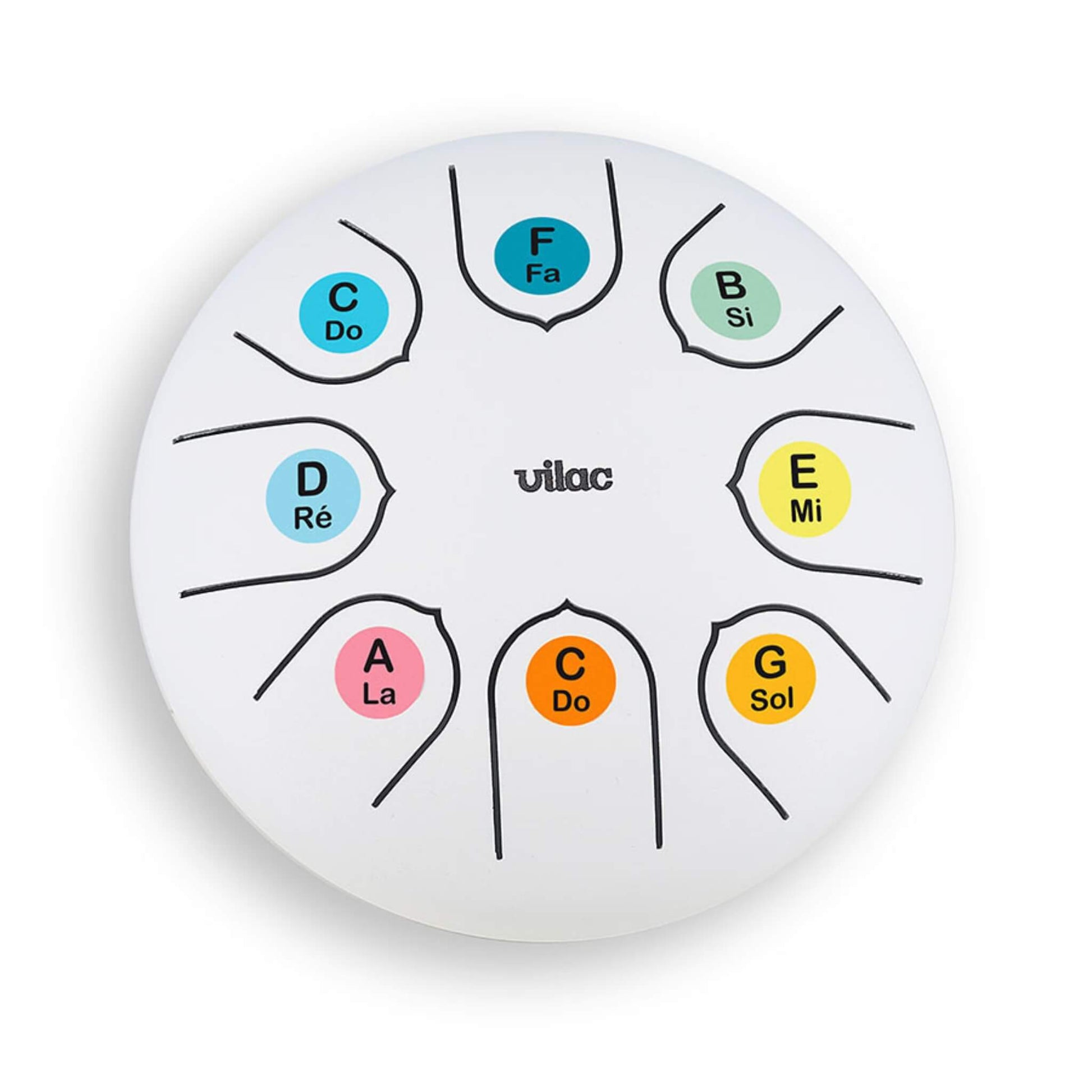 Close-up of white tongue drum showing coloured notes labelled with Do, Ré, Mi, Fa, Sol, La, Si.