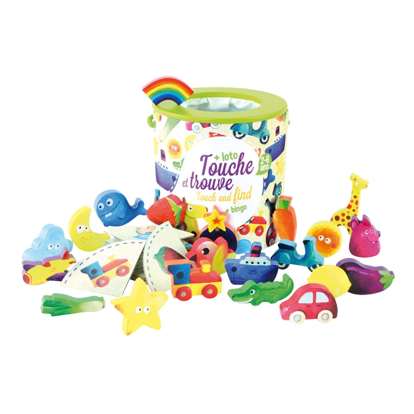 Vilac Touch and Find Game and Bingo set with colourful wooden pieces including animals, vehicles, and fruit, shown with illustrated matching cards and barrel.