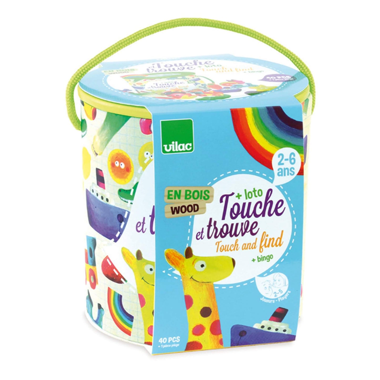 Vilac Touch and Find Game and Bingo packaging, a cylindrical box with rainbow and giraffe illustrations, labelled for ages 2 to 6 years.