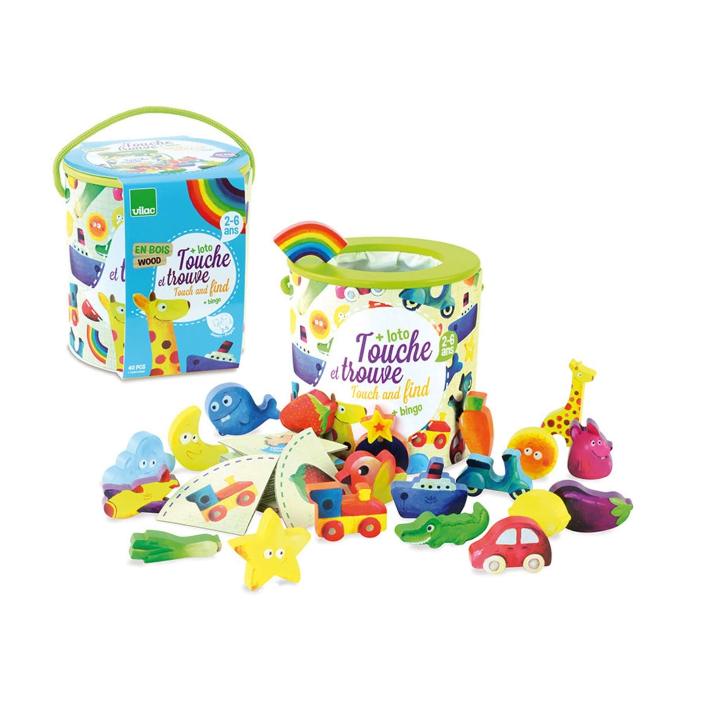 Children’s touch and find game showing a barrel container with matching cards, wooden animal, vehicle and fruit pieces spread out.
