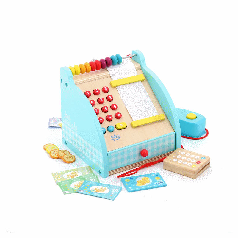 Animated gif of a wooden cash register toy turning round and round.