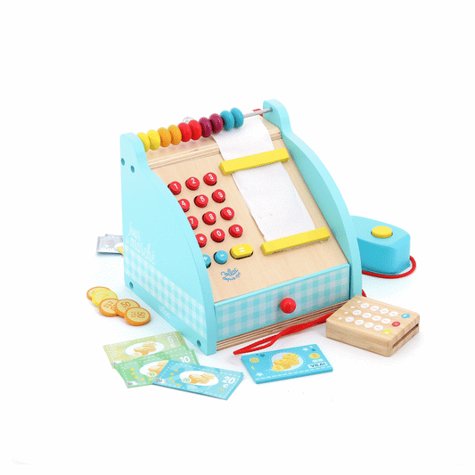 Animated gif of a wooden cash register toy turning round and round.