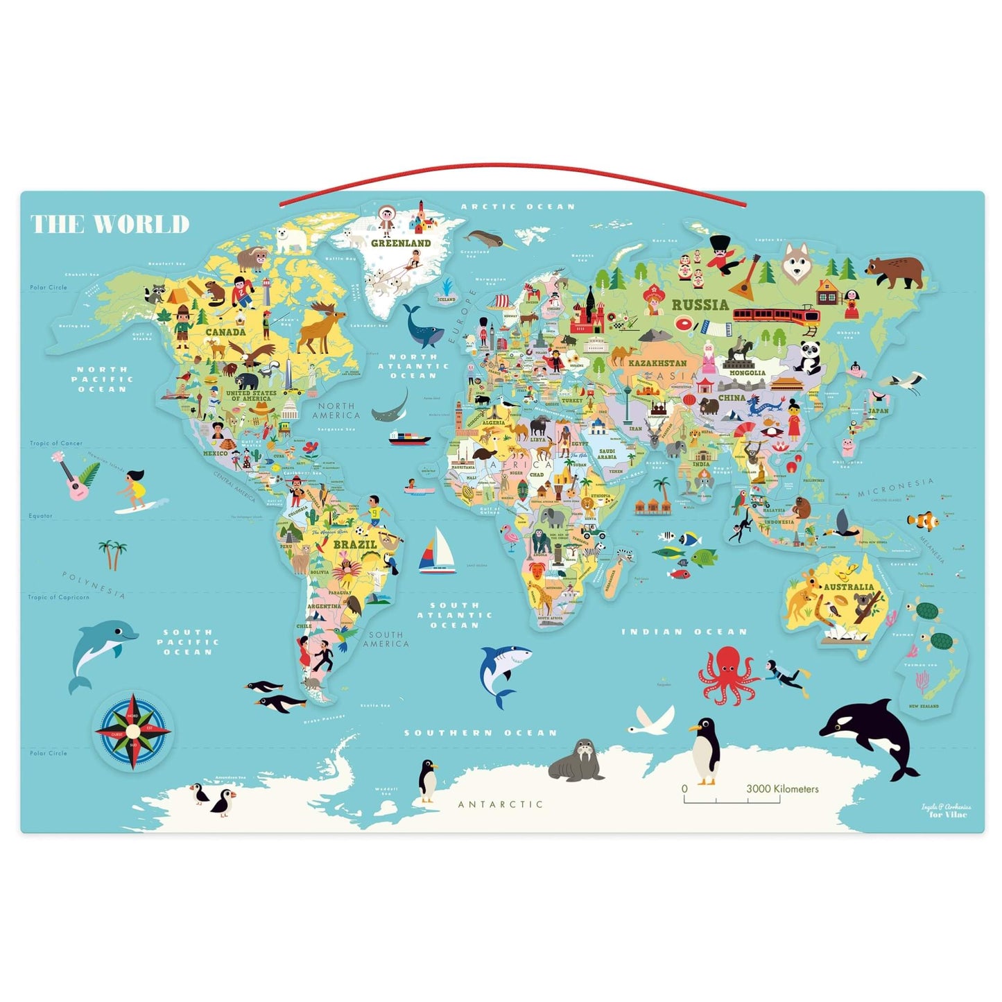 Vilac World Magnetic Map showing a large illustrated wooden world map with colourful countries, oceans, animals, landmarks and cultural icons from around the globe.