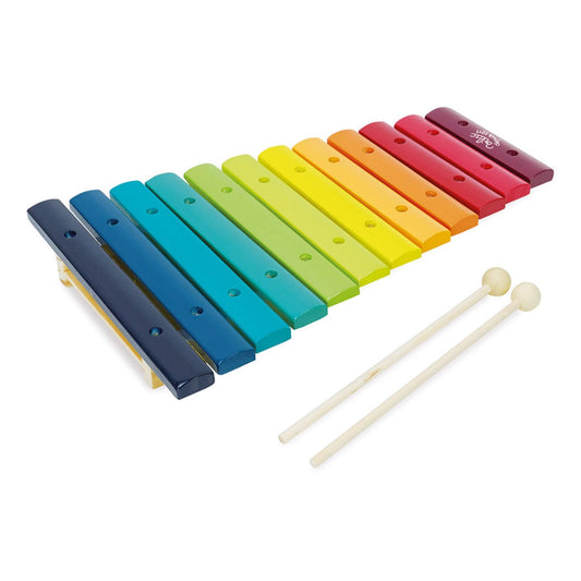 Vilac Wooden Rainbow Xylophone with twelve brightly coloured bars and two wooden mallets, designed for children to explore rhythm and music.