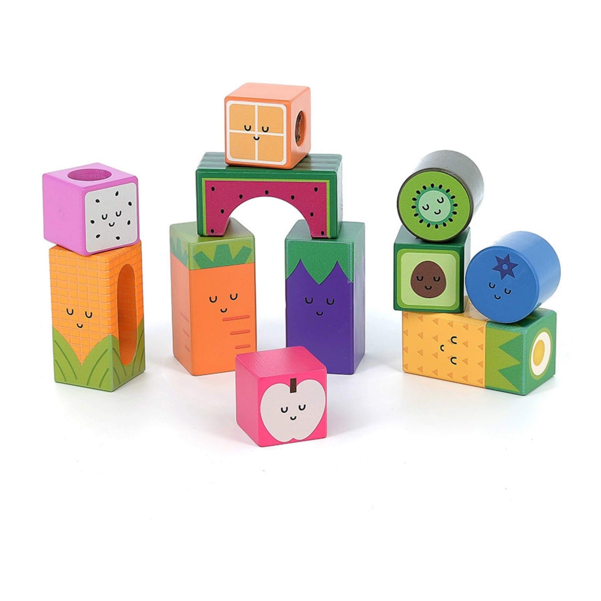 Vilac Andy Westface Fruit Sound Cubes set featuring colourful wooden blocks shaped like fruit and vegetables with friendly faces, arranged in playful stacks.