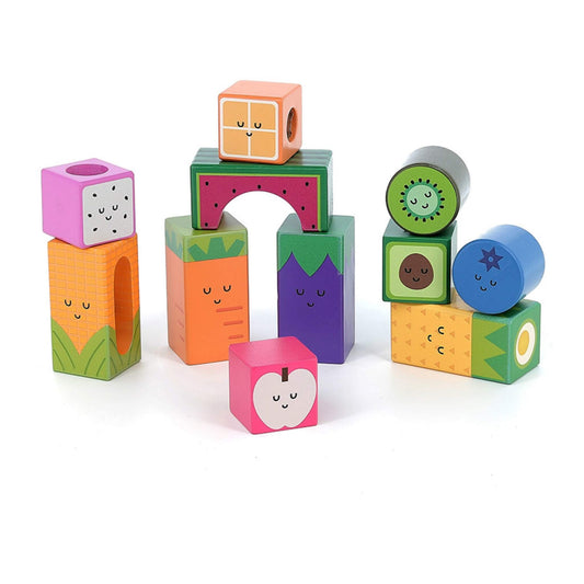 Vilac Andy Westface Fruit Sound Cubes set featuring colourful wooden blocks shaped like fruit and vegetables with friendly faces, arranged in playful stacks.