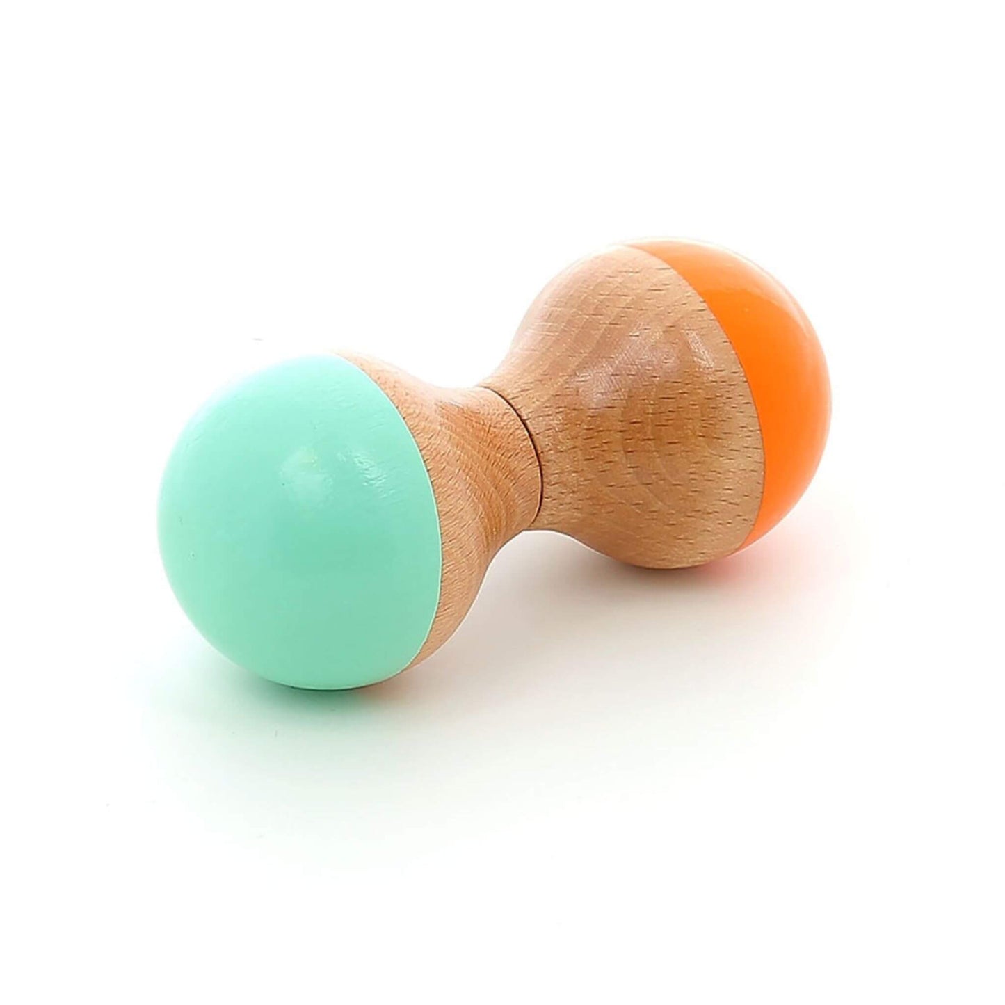 Mint and orange wooden maraca with a smooth natural wood centre and glossy pastel mint and orange ends, designed for little hands.