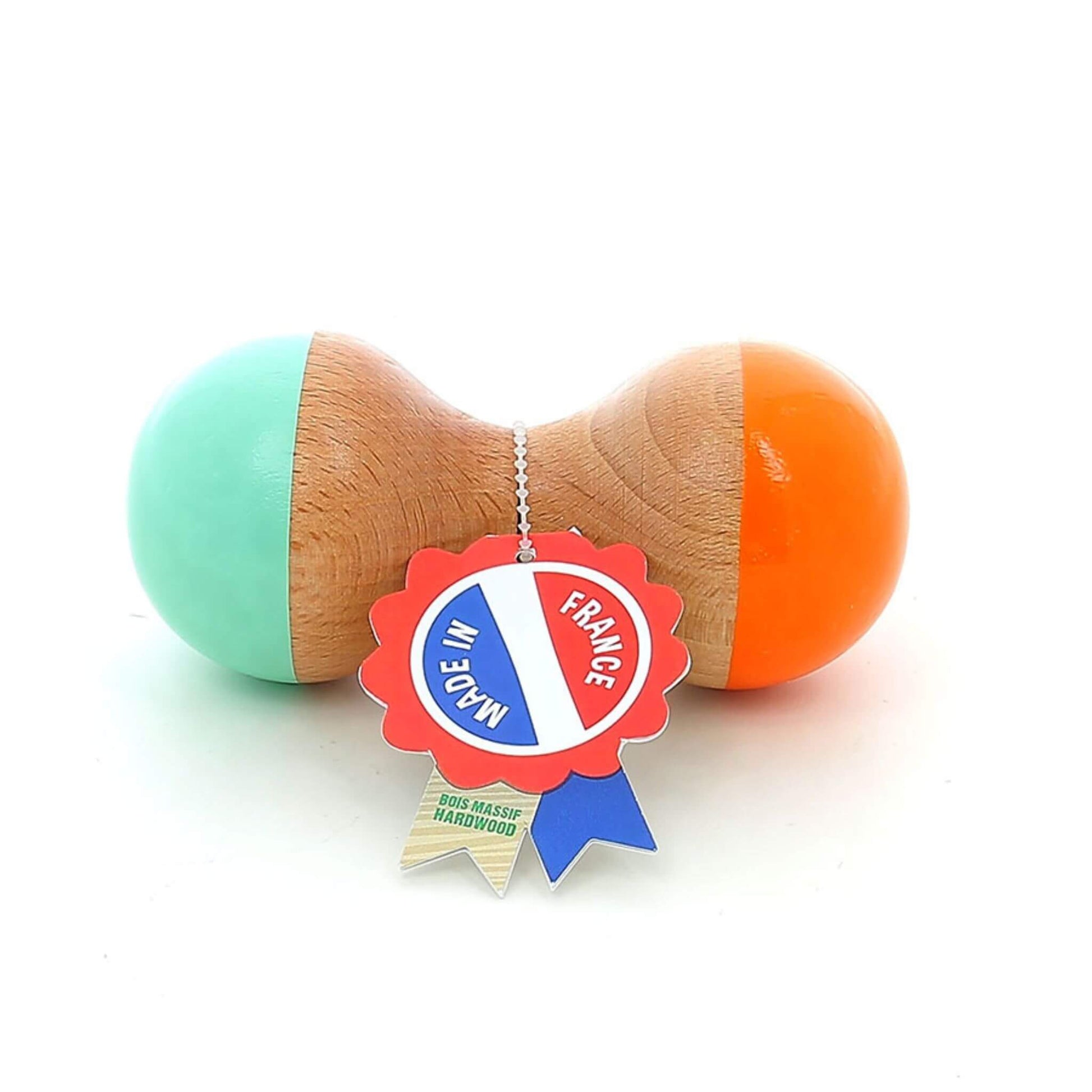 Mint and orange wooden maraca with a "Made in France" tag, featuring a smooth natural wood centre and glossy painted ends.