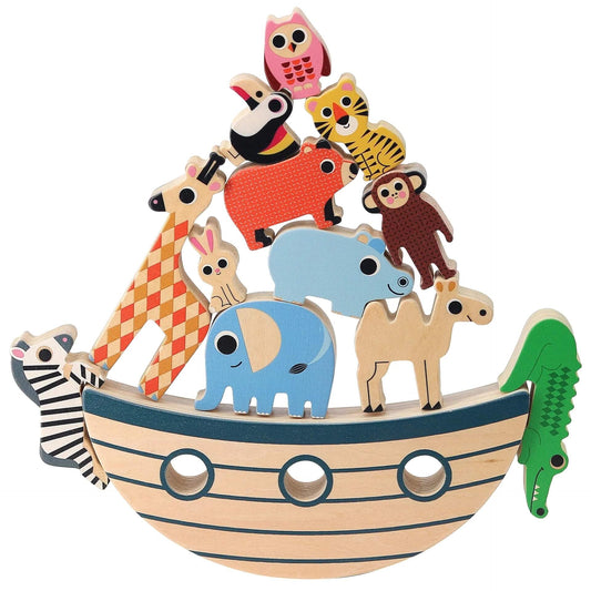 Vilac Animal ark balancing game. Includes 12 wooden animal pieces and boat hull.