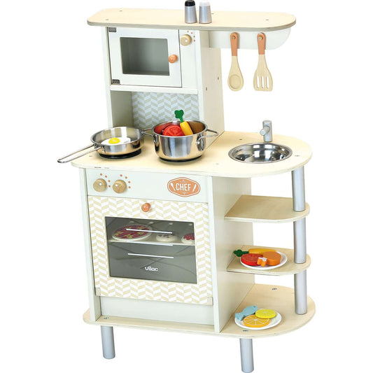 Complete with 20 pieces of healthy treats and meals, this bright kitchen is truly a dream for your aspiring chefs to be educated on food, cooking and fun! This wooden set will be a perfect way of giving your child an enjoyable and engaging experience from making pizza to frying eggs.