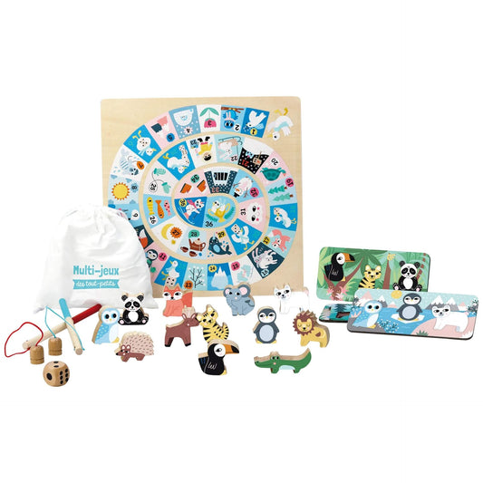 Wooden multi games set Helps to develop fine motor skills and social interactivity Includes 12 magnetic wooden animals, 2 magnetic wooden fishing rods, a cloth bag, 4 lotto cards, a double sided tray and 1 die.