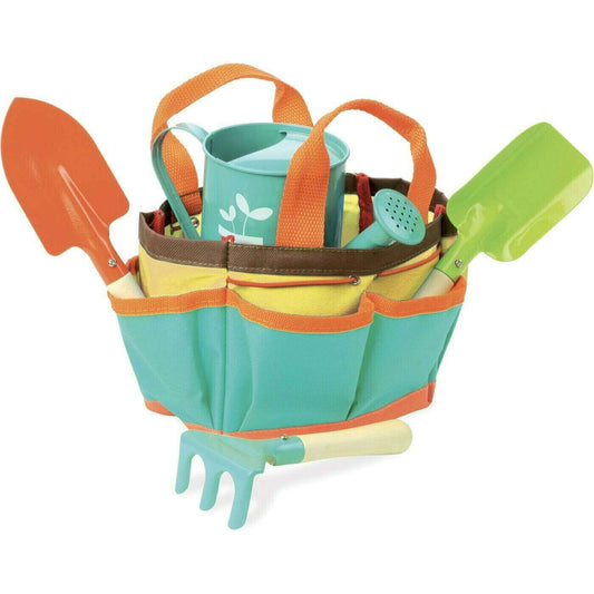 The My Little Garden Tools from Vilac is a set of well made garden tools - trowel, small shovel and rake, watering can, and colourful gardener's bag.