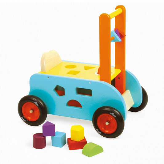 The 3-in-1 Multi Activity push along trolley from Vilac allows your little one to have fun riding, pushing, honking and playing with its many features. Great for baby’s development.