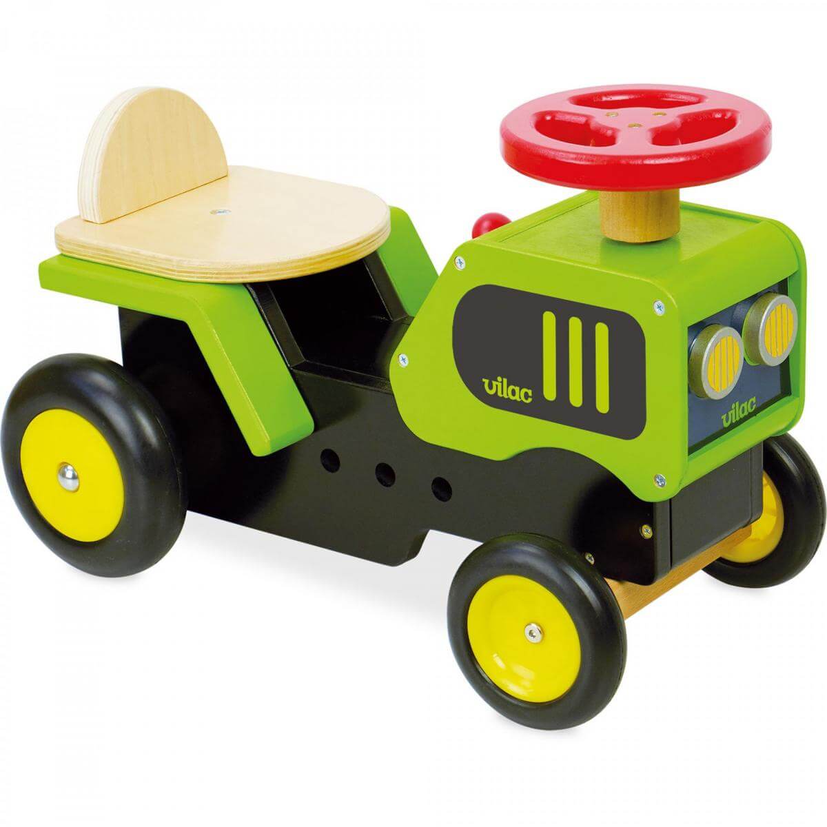 Wooden ride on tractor. This green tractor ride on toy is equipped with a horn and a gear lever with sound effects.