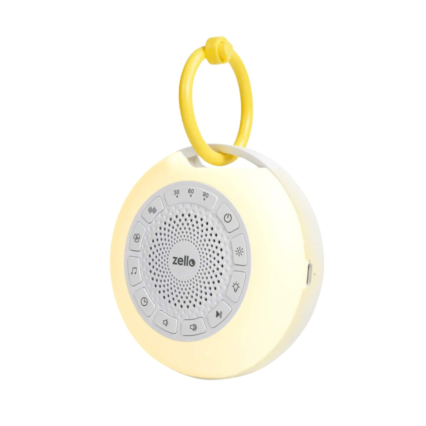 A Zello Portable Pro Max White Noise Machine shown with its soft yellow night light glowing and a yellow clip ring attached, designed for soothing baby sleep on the go.