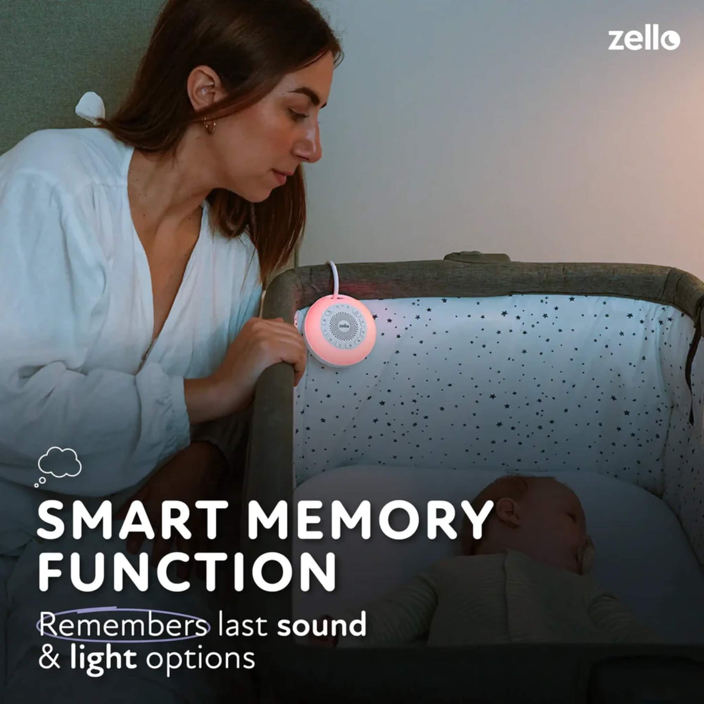 Mother leaning over a baby sleeping in a cot with a portable white noise machine clipped to the side, softly glowing with a coloured night light and text highlighting smart memory function.