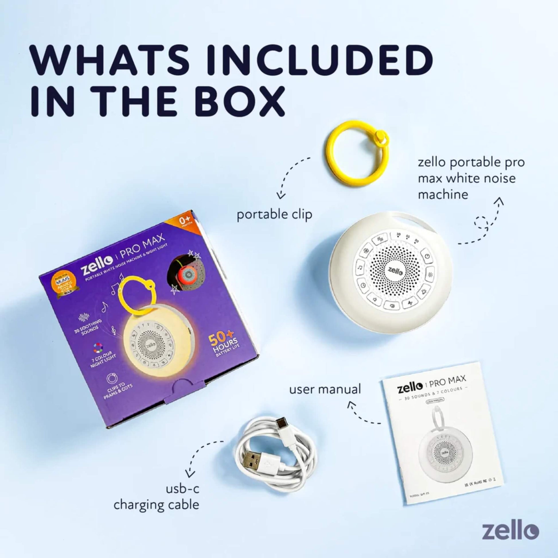 Flat lay showing what’s included in the box: portable white noise machine, yellow clip, USB-C charging cable, and user manual alongside the retail packaging.