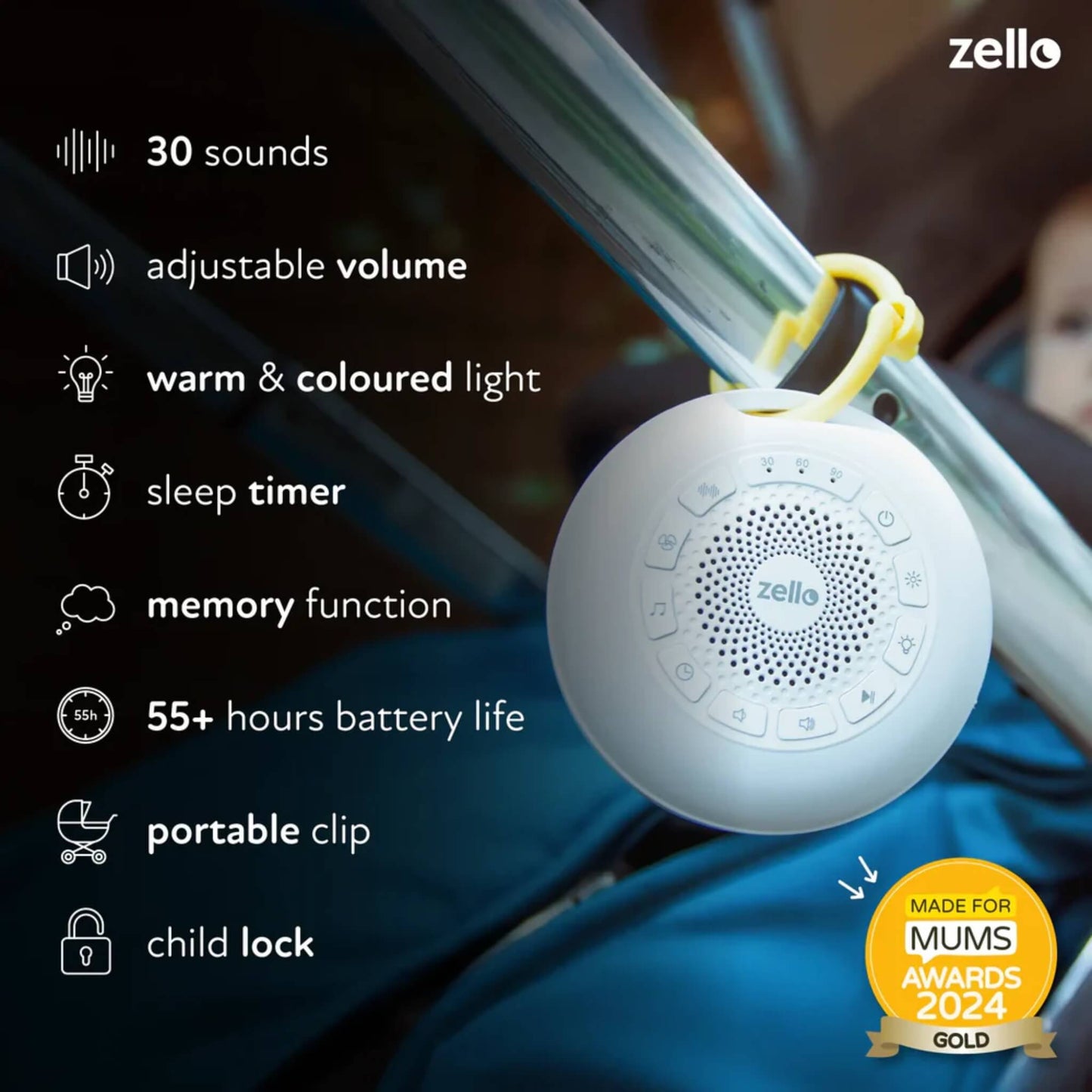 Close-up of an infant sound machine clipped to a pushchair bar, showing feature callouts for 30 sounds, warm coloured night light, 55+ hours battery life, memory function, sleep timer, child lock, and portable clip.